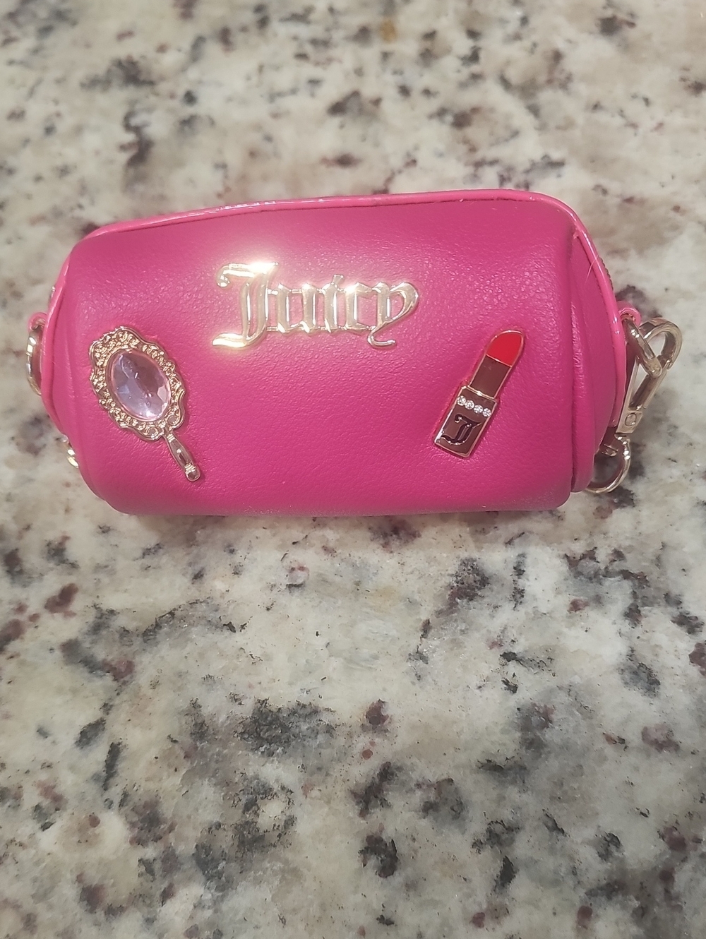 Juicy Couture Hot Pink Mini Cosmetic Bag Keychain with Enamel Pins